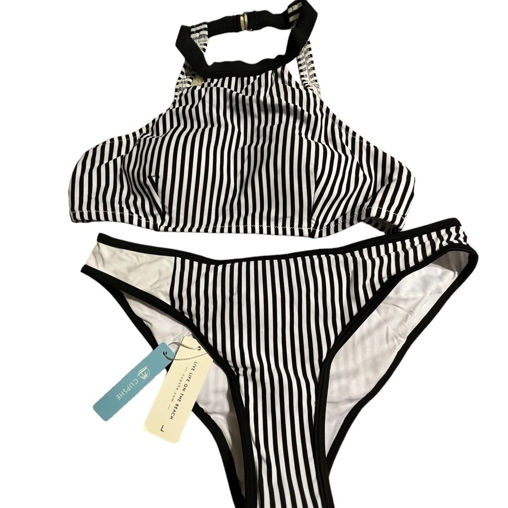 Black and white striped bikini L